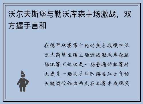 沃尔夫斯堡与勒沃库森主场激战，双方握手言和